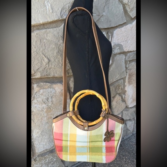 Relic Handbags - Vtg Relic Purse Pastel Plaid Convertible Bamboo Wood Handles Shoulder Strap EC‎